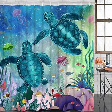 Sea Turtle Shower Curtain with 12 Hooks, Ocean Creature Landscape Shower Curtains Underwater Fish Seaweed Jellyfish Coral Animal Waterproof Shower Curtain for Bathroom (Multi, 70 L × 69 W inches)