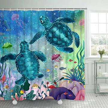 Sea Turtle Shower Curtain with 12 Hooks, Ocean Creature Landscape Shower Curtains Underwater Fish Seaweed Jellyfish Coral Animal Waterproof Shower Curtain for Bathroom (Multi, 70 L × 69 W inches)