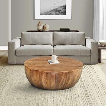 The Urban Port Drum Shape Wooden Coffee Table with Plank Design Base, Distressed Brown