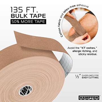 (135 Feet) Bulk Kinesiology Tape Waterproof Roll Sports Therapy Support for Knee, Muscle, Wrist, Shoulder, Back/Original Uncut Premium Therapeutic Elastic & Hypoallergenic Cotton (Beige)