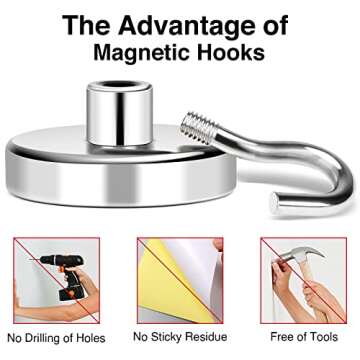 MIKEDE Magnetic Hooks Heavy Duty, 150Lbs+ Super Strong Magnet Hooks for Cruise Essentials, Neodymium Earth Magnets with Hook for Hanging, Magnetic Hanger for Fridge, Toolbox, Storage - 4 Pack