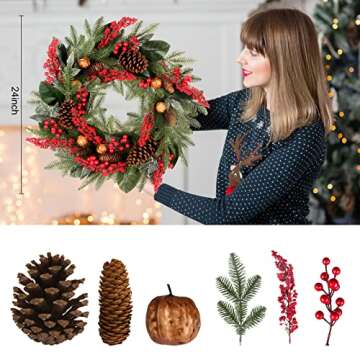 24 Inch Christmas Wreath with Berries, Pinecones, and Pine Branches - Handcrafted Holiday Decor for Indoor & Outdoor Use, Perfect for Doors, Walls, and Fireplaces, Adding Warmth and Joy to Your Home