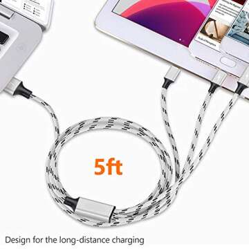 Multi Charging Cable, 5ft 3Pack Multi Charger Cable Nylon Braided Multiple USB Universal 3 in 1 Charging Cord Adapter with Type-C, Micro USB Port Connectors for Cell Phones and More