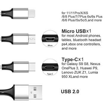 Multi Charging Cable, 5ft 3Pack Multi Charger Cable Nylon Braided Multiple USB Universal 3 in 1 Charging Cord Adapter with Type-C, Micro USB Port Connectors for Cell Phones and More