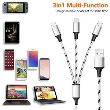 Multi Charging Cable, 5ft 3Pack Multi Charger Cable Nylon Braided Multiple USB Universal 3 in 1 Charging Cord Adapter with Type-C, Micro USB Port Connectors for Cell Phones and More