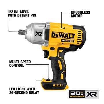 DEWALT 20V Max XR Impact Wrench Kit, Brushless, High Torque, Detent Pin Anvil, 1/2-Inch, Cordless (DCF899M1)