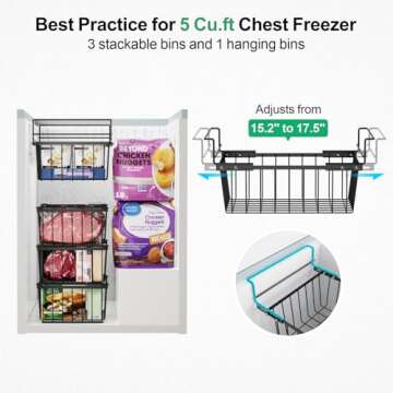 iSPECLE Chest Freezer Organizer - Fit 5 Cu.Ft Deep Freezer, 2 Pack Hanging Organizer Baskets with Adjustable Handles, Sort Small Frozen Food, Sturdy Freezer Bins Easy Slide to Get Bottom Food, Black