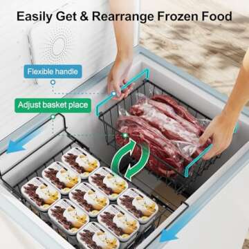 iSPECLE Chest Freezer Organizer - Fit 5 Cu.Ft Deep Freezer, 2 Pack Hanging Organizer Baskets with Adjustable Handles, Sort Small Frozen Food, Sturdy Freezer Bins Easy Slide to Get Bottom Food, Black