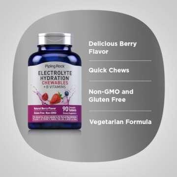 Piping Rock Chewable Electrolyte Tablets for Hydration | 90 Count | with B Vitamins | Berry Flavor | for Rehydration | Vegetarian, Non-GMO, Gluten Free Supplement