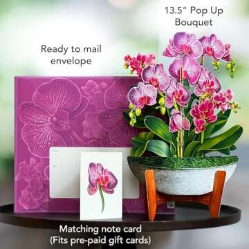 Freshcut Paper Pop Up Cards, Paper Flower Bouquet 3D Popup Greeting Cards with Note Card & Envelope, Birthday Card, Anniversary Card, Get Well Gifts for Women, 12" Orchid Oasis