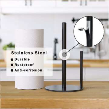 Paper Towel Holder Black Kitchen Roll Holder, Premium Stainless Steel Paper Towel Holder for Kitchen Roll Organize, Countertop Roll Dispenser with Weighted Base