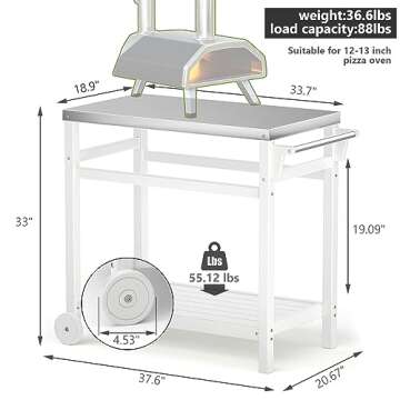 TORVA Outdoor Prep Grill Carts, 303 Stainless Steel Tabletop with High Load Capacity Portable BBQ Table, HDPE Durable Frame 2-Tier Storage Cart, White