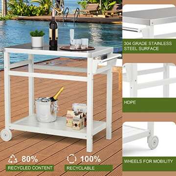 TORVA Outdoor Prep Grill Carts, 303 Stainless Steel Tabletop with High Load Capacity Portable BBQ Table, HDPE Durable Frame 2-Tier Storage Cart, White