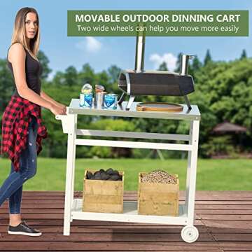 TORVA Outdoor Prep Grill Carts, 303 Stainless Steel Tabletop with High Load Capacity Portable BBQ Table, HDPE Durable Frame 2-Tier Storage Cart, White