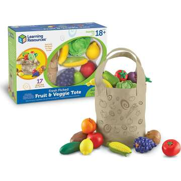 Learning Resources Fresh Picked Fruit And Veggie Tote - 17 Pieces, Ages 18mos+ Pretend Play Toys, Fruits and Vegetables for Kids, Play Food for Toddlers, Preschool Toys