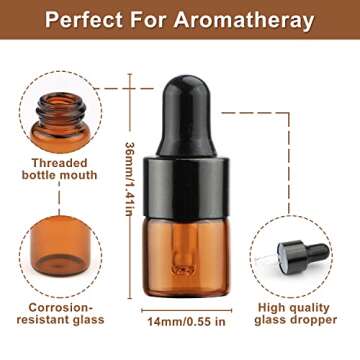 30Pcs Amber Glass Dropper Bottles Mini Empty Sample Vials Essential Oil Dropping Bottles Perfume Jars Cosmetic Container with Glass Eye Dropper and Black Caps (1ml)