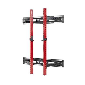 Signature Fitness 3” x 3” Wall Mounted Fold-in Power Cage Squat Rack with Adjustable Pull Up Bar and J Hooks - Space-Saving Home Gym, Red