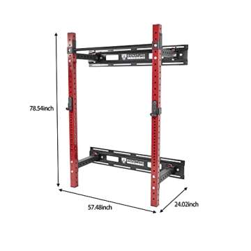 Signature Fitness 3” x 3” Wall Mounted Fold-in Power Cage Squat Rack with Adjustable Pull Up Bar and J Hooks - Space-Saving Home Gym, Red