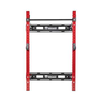 Signature Fitness 3” x 3” Wall Mounted Fold-in Power Cage Squat Rack with Adjustable Pull Up Bar and J Hooks - Space-Saving Home Gym, Red