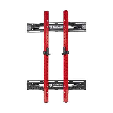 Signature Fitness 3” x 3” Wall Mounted Fold-in Power Cage Squat Rack with Adjustable Pull Up Bar and J Hooks - Space-Saving Home Gym, Red