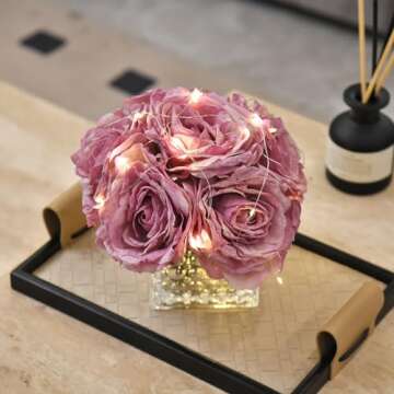 YSZL Artificial Rose in Glass Vase Vintage Silk Flower Arrangement with LED Light for Table Centerpiece Home Wedding Decoration (Purple)