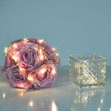 YSZL Artificial Rose in Glass Vase Vintage Silk Flower Arrangement with LED Light for Table Centerpiece Home Wedding Decoration (Purple)