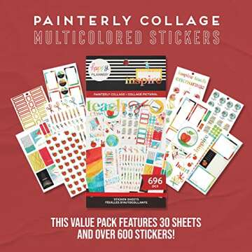 Happy Planner Sticker Pack, Teacher-Planner Stickers, Back-to-School Accessories, Planning Stickers for Teachers, 30 Sheets, 696 Stickers Total, Painterly Collage