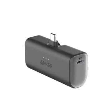 Anker Nano Power Bank with Built-in USB-C Connector, 5,000mAh Portable Charger 22.5W, for iPhone 16/15 Series, Samsung, iPad Pro/Air, and More