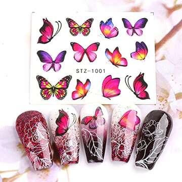 Le Fu Li Butterfly Flower Nail Art Stickers, 30 Sheets, Paper, Clear, DIY Nail Tips Decorations