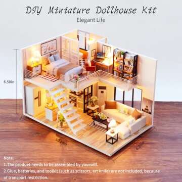 DIY Miniature Dollhouse Kit, Tiny House Model Kit with Music Box & LED Light & Dust Proof Cover, 3D Wooden Puzzle for Adults, Creative Handmade Crafts Home Decor Hobbies Birthday Gift (Elegant Life)