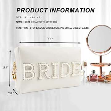 Kovewon Bride Patch Letter Makeup Bag for Women Bridesmaid Engagement Gift for Her White Pearl Rhinestone Travel Toiletry Bag Make Up Bag Pouch for Purse Bridal Shower Gifts for Engagement Wedding