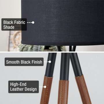 Kira Home Sadie 61" Mid Century Modern Tripod LED Floor Lamp + 9W Bulb (Energy Efficient/Eco-Friendly), Leather Accent Legs, Black Drum Shade, Black Finish