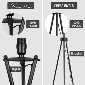 Kira Home Sadie 61" Mid Century Modern Tripod LED Floor Lamp + 9W Bulb (Energy Efficient/Eco-Friendly), Leather Accent Legs, Black Drum Shade, Black Finish