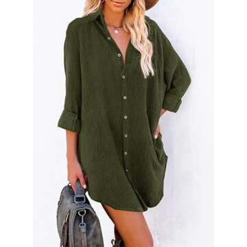 Dokotoo Womens Tunic Dresses for Women 2024 Fashion Fall Corduroy Collared Long Sleeve Button Down Shirts Boyfriend Tops Outfits Clothing Trendy Green Medium