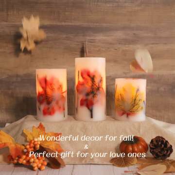 Fall Flameless Candles, Battery-Operated Fall LED Candles with Remote and Timer, Autumn Theme Pillar Candle Embedded with Maple Leaves for Fall Party Decorations, Holiday Décor