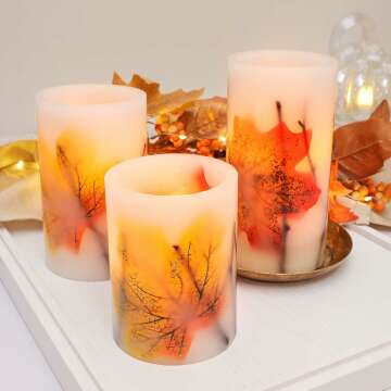 Fall Flameless Candles, Battery-Operated Fall LED Candles with Remote and Timer, Autumn Theme Pillar Candle Embedded with Maple Leaves for Fall Party Decorations, Holiday Décor