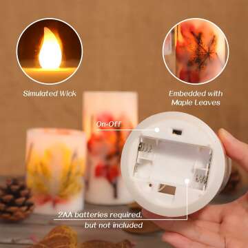 Fall Flameless Candles, Battery-Operated Fall LED Candles with Remote and Timer, Autumn Theme Pillar Candle Embedded with Maple Leaves for Fall Party Decorations, Holiday Décor