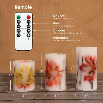 Fall Flameless Candles, Battery-Operated Fall LED Candles with Remote and Timer, Autumn Theme Pillar Candle Embedded with Maple Leaves for Fall Party Decorations, Holiday Décor