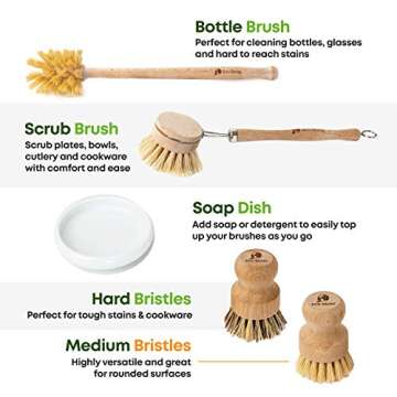 Eco Being Natural Bubble up Dish Brush Set with Soap Dispenser. Bamboo Dish Brush Set with Strong, Plastic Free Scrubber Brushes & Wooden Handles ~ 5 Piece Kitchen Set Makes Cleaning Dishes Easy.