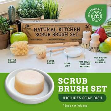 Eco Being Natural Bubble up Dish Brush Set with Soap Dispenser. Bamboo Dish Brush Set with Strong, Plastic Free Scrubber Brushes & Wooden Handles ~ 5 Piece Kitchen Set Makes Cleaning Dishes Easy.