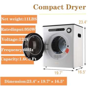 Dessiz 110V 11lbs Portable Clothes Dryer 950W Compact Laundry Dryers 1.6 cu.ft Front Load Stainless Steel Electric Dryers Machine with Exhaust Pipe for Apartment,RVs,Dorms,White Auto Stop