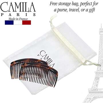 Camila Paris AD66/2 French Side Comb Large Curved Tortoiseshell Hair Combs for Women Fine Hair, 4 Inch Strong Hold Hair Comb for Women Bun Chignon Up-Do Styling Girls Hair Accessories, Made in France