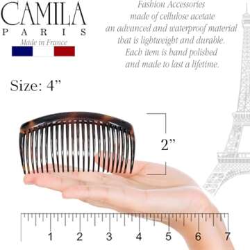 Camila Paris AD66/2 French Side Comb Large Curved Tortoiseshell Hair Combs for Women Fine Hair, 4 Inch Strong Hold Hair Comb for Women Bun Chignon Up-Do Styling Girls Hair Accessories, Made in France