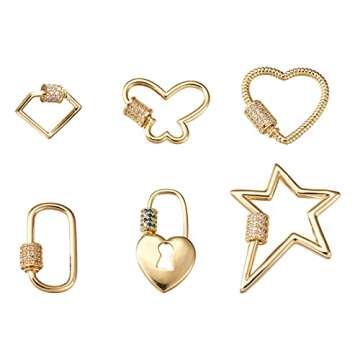 FASHEWELRY 6Pcs Brass Cubic Zirconia Screw Carabiner Lock Charms 6 Styles Oval Heart Star Necklace Lock Clip Charms for DIY Jewelry Making