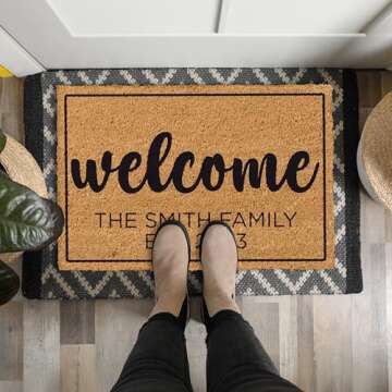 Custom Welcome Doormat with Family Name & 6 Designs, Personalized DoorMat, Housewarming Gift - Door Mat with Anti-Slip Backing, Customize Doormat Outdoor Indoor Entrance