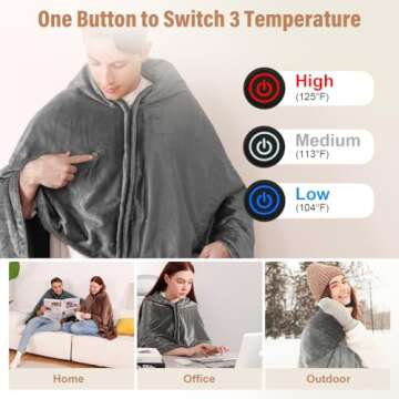 Qfun Portable USB Heated Blanket Shawl - Wearable Cordless Electric Heated Blanket for Outdoors 3 Heating Levels with Car Charger, USB Operated Camping Heated Blanket, Grey (Battery is Not Included)