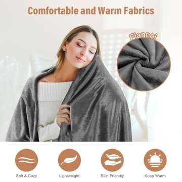 Qfun Portable USB Heated Blanket Shawl - Wearable Cordless Electric Heated Blanket for Outdoors 3 Heating Levels with Car Charger, USB Operated Camping Heated Blanket, Grey (Battery is Not Included)