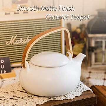 ZENS Modern Japanese Teapot with Infuser, 27oz Matte Ceramic Teapot with Tea Strainer for Loose Leaf Tea Steeper, Wood Handle White Japanese Teapots Hot Tea Brewer Pot for Women Tea Lovers Gifts