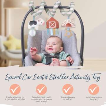 Itzy Ritzy Spiral Car Seat & Stroller Activity Toy - Stroller & Car Seat Toys for Ages 0 Months and Up - Hanging Toys Include Dangling Ring, Mirror and Textured Ribbons (Farm)