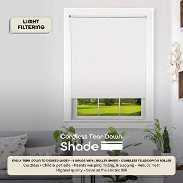 Cordless Tear Down Light Filtering Shade - 37 Inch Width, 72 Inch Length - White- Cord-Free Customizable Room Darkening Horizontal Mini Vinyl Windows Blinds for Interior by Achim Home Decor